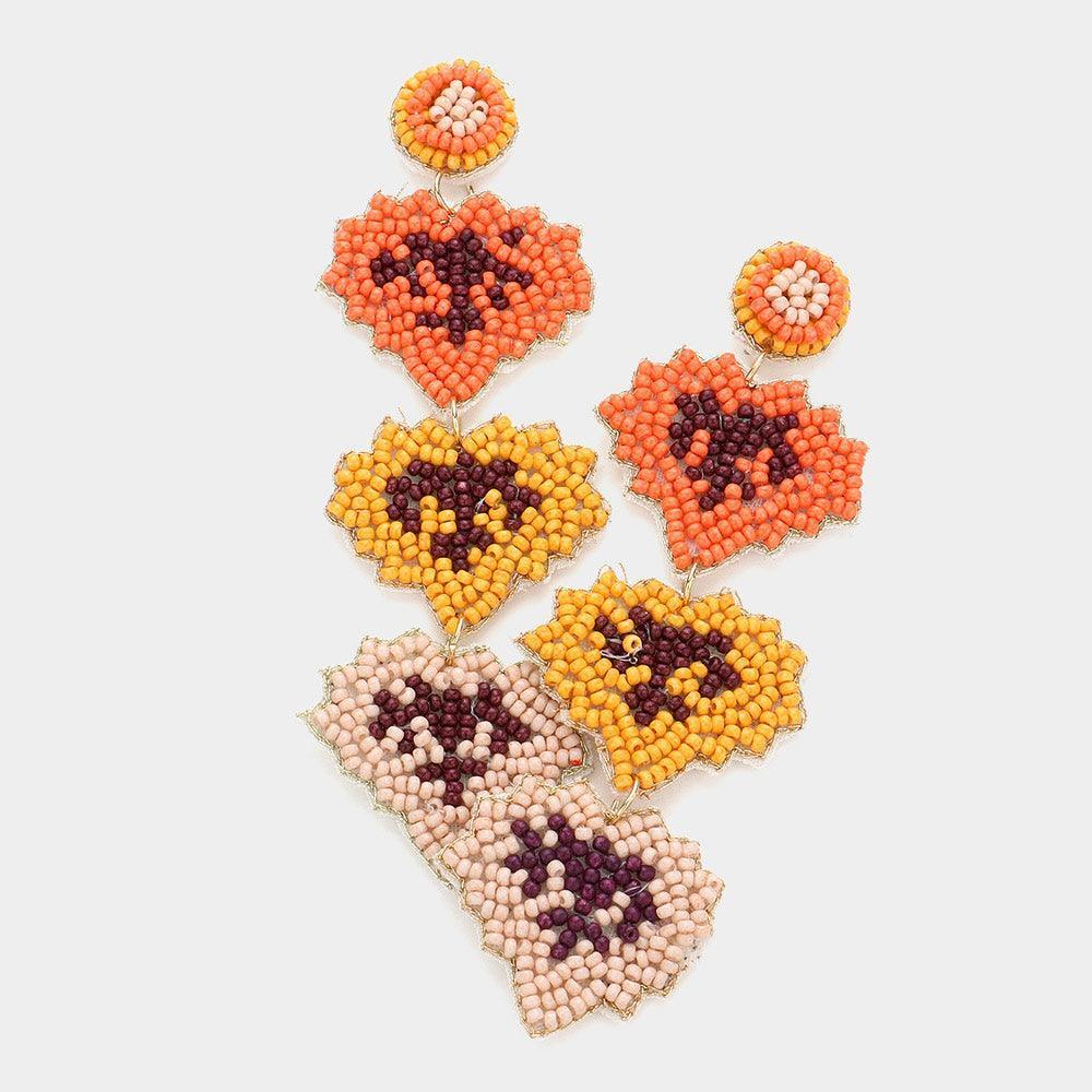 Brown Felt Back Seed Beaded Triple Maple Leaf Link Dangle Earrings - Jewelry Store by Erik Rayo