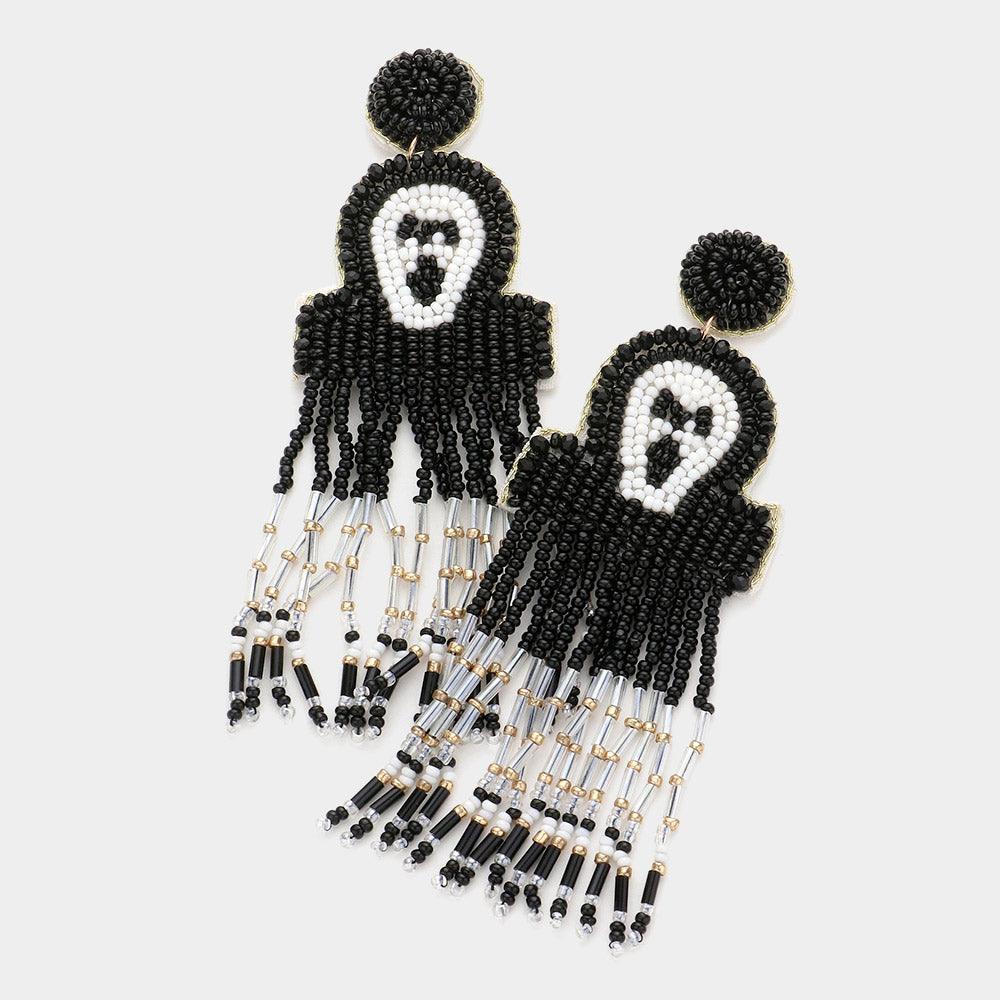 Black Felt Back Seed Beaded Scream Ghost Fringe Dangle Earrings - Jewelry Store by Erik Rayo