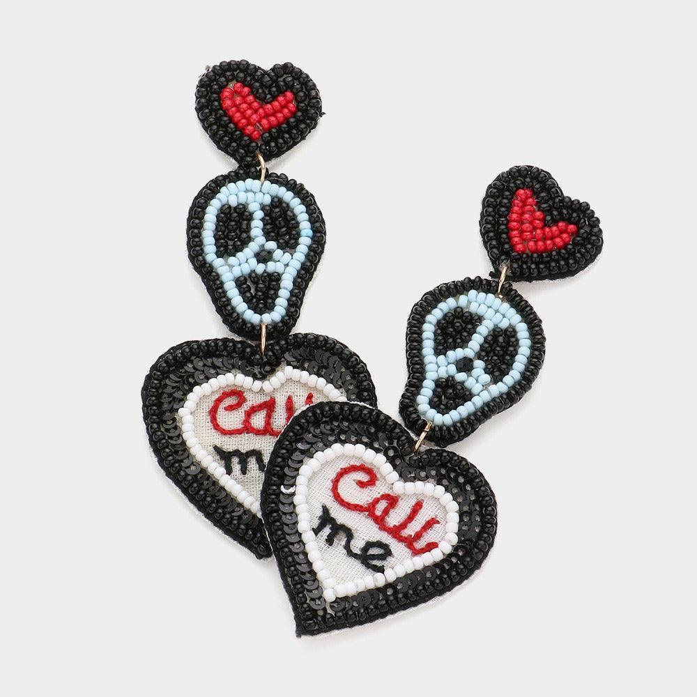 Black Felt Back Seed Beaded Heart Skull Call Me Message Link Dangle Earrings - Jewelry Store by Erik Rayo