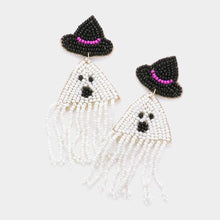 Load image into Gallery viewer, White Felt Back Seed Beaded Witch Hat Ghost Fringe Dangle Earrings
