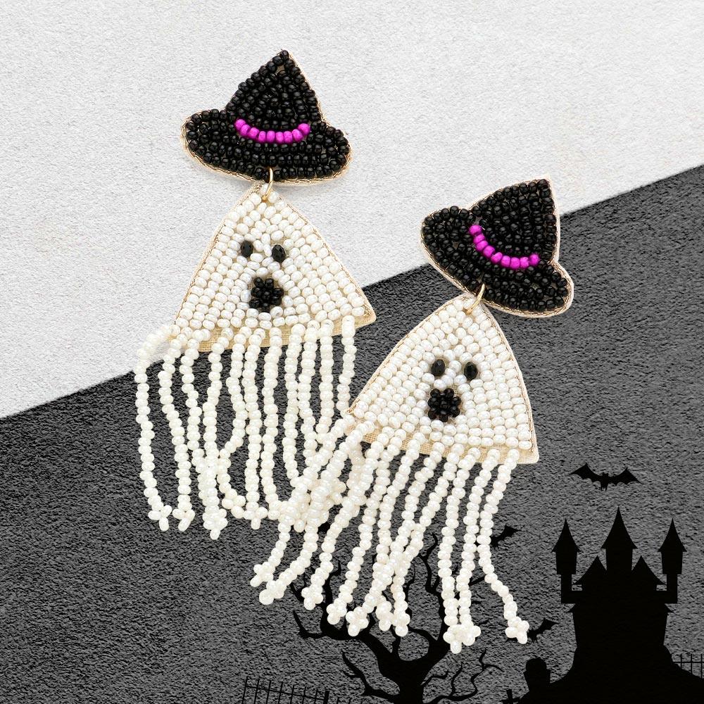 White Felt Back Seed Beaded Witch Hat Ghost Fringe Dangle Earrings