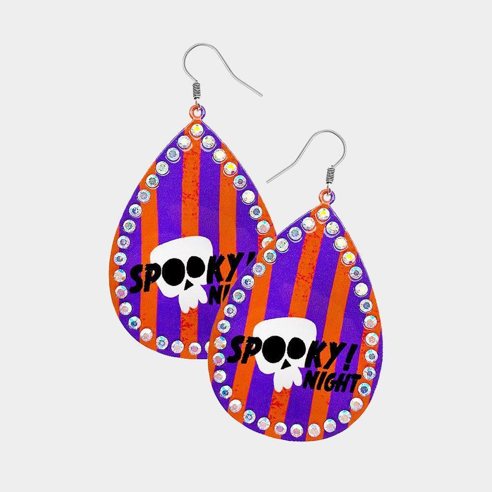Purple SPOOKY! NIGHT Skull Printed Metal Teardrop Dangle Earrings - Jewelry Store by Erik Rayo
