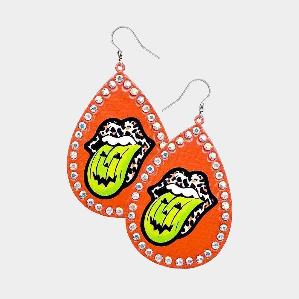 Orange Tongue Out Mouth Pumpkin Printed Metal Teardrop Dangle Earrings - Jewelry Store by Erik Rayo