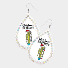 Load image into Gallery viewer, White Christmas Cactus Message Stone Trimmed Metal Teardrop Dangle Earrings
