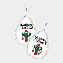 Load image into Gallery viewer, White Christmas Cactus Message Stone Trimmed Metal Teardrop Dangle Earrings
