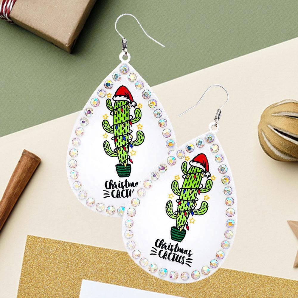 White Christmas Cactus Message Stone Trimmed Metal Teardrop Dangle Earrings