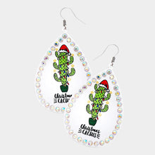 Load image into Gallery viewer, White Christmas Cactus Message Stone Trimmed Metal Teardrop Dangle Earrings
