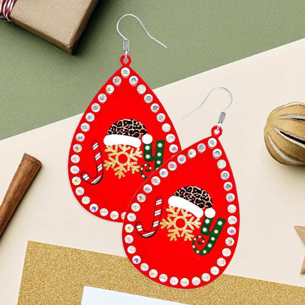 Red Joy Message Printed Stone Trimmed Metal Teardrop Dangle Earrings