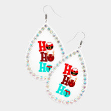 Load image into Gallery viewer, White HOHOHO Message Printed Stone Trimmed Metal Teardrop Dangle Earrings
