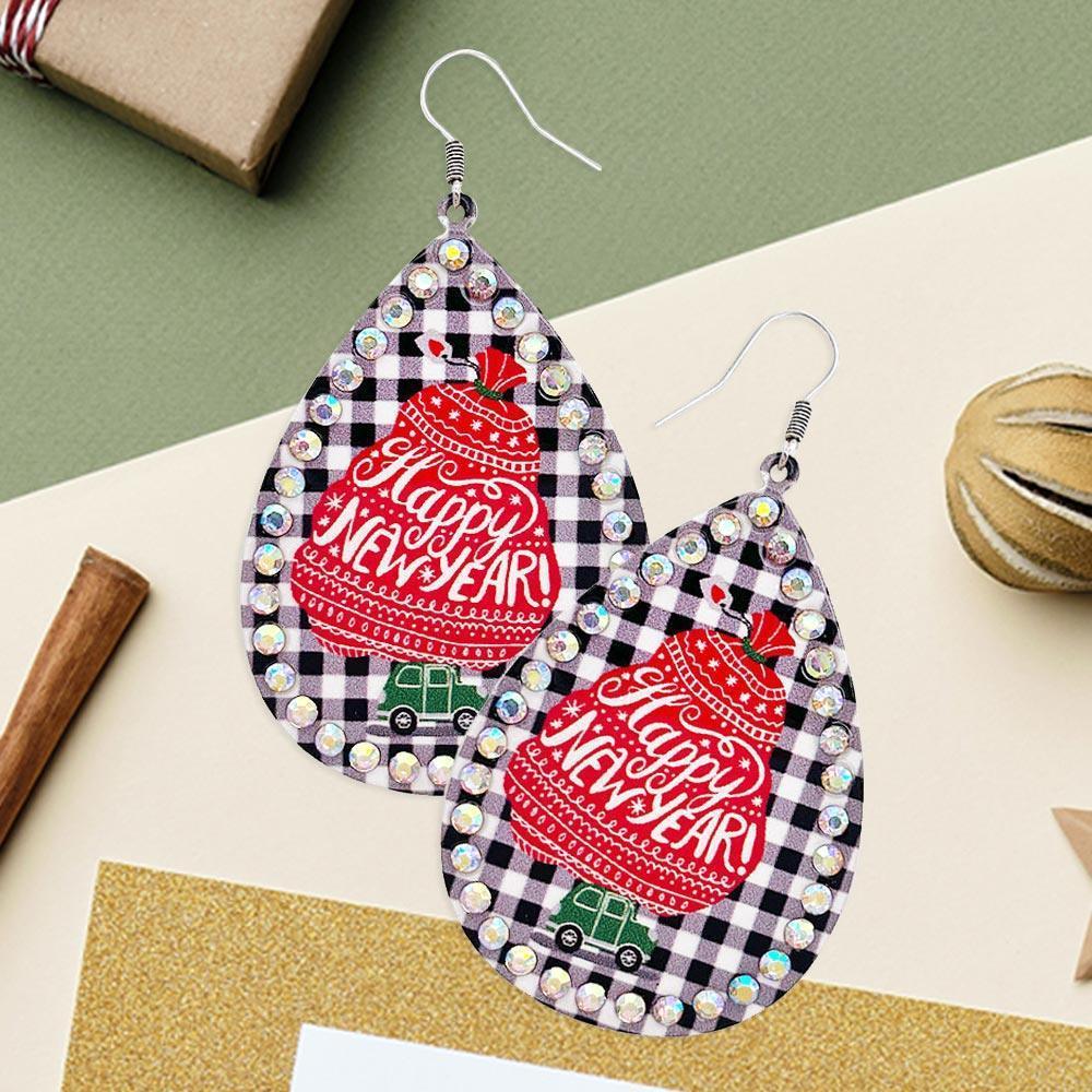 Black Happy New Year Message Printed Stone Trimmed Metal Teardrop Dangle Earrings - Jewelry Store by Erik Rayo