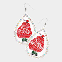 Load image into Gallery viewer, White Happy New Year Message Printed Stone Trimmed Metal Teardrop Dangle Earrings
