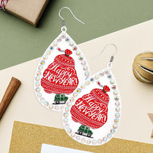 Load image into Gallery viewer, White Happy New Year Message Printed Stone Trimmed Metal Teardrop Dangle Earrings
