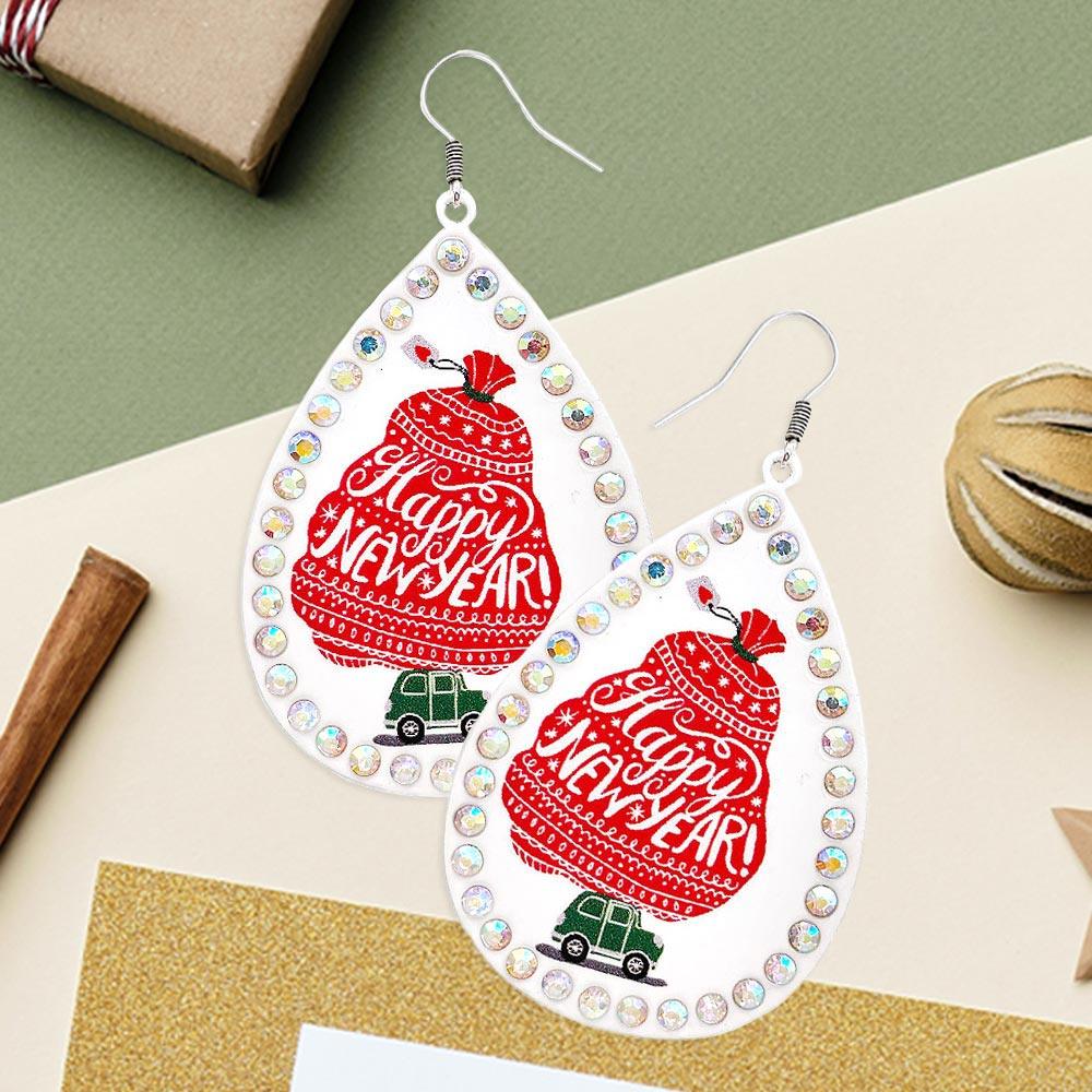 White Happy New Year Message Printed Stone Trimmed Metal Teardrop Dangle Earrings