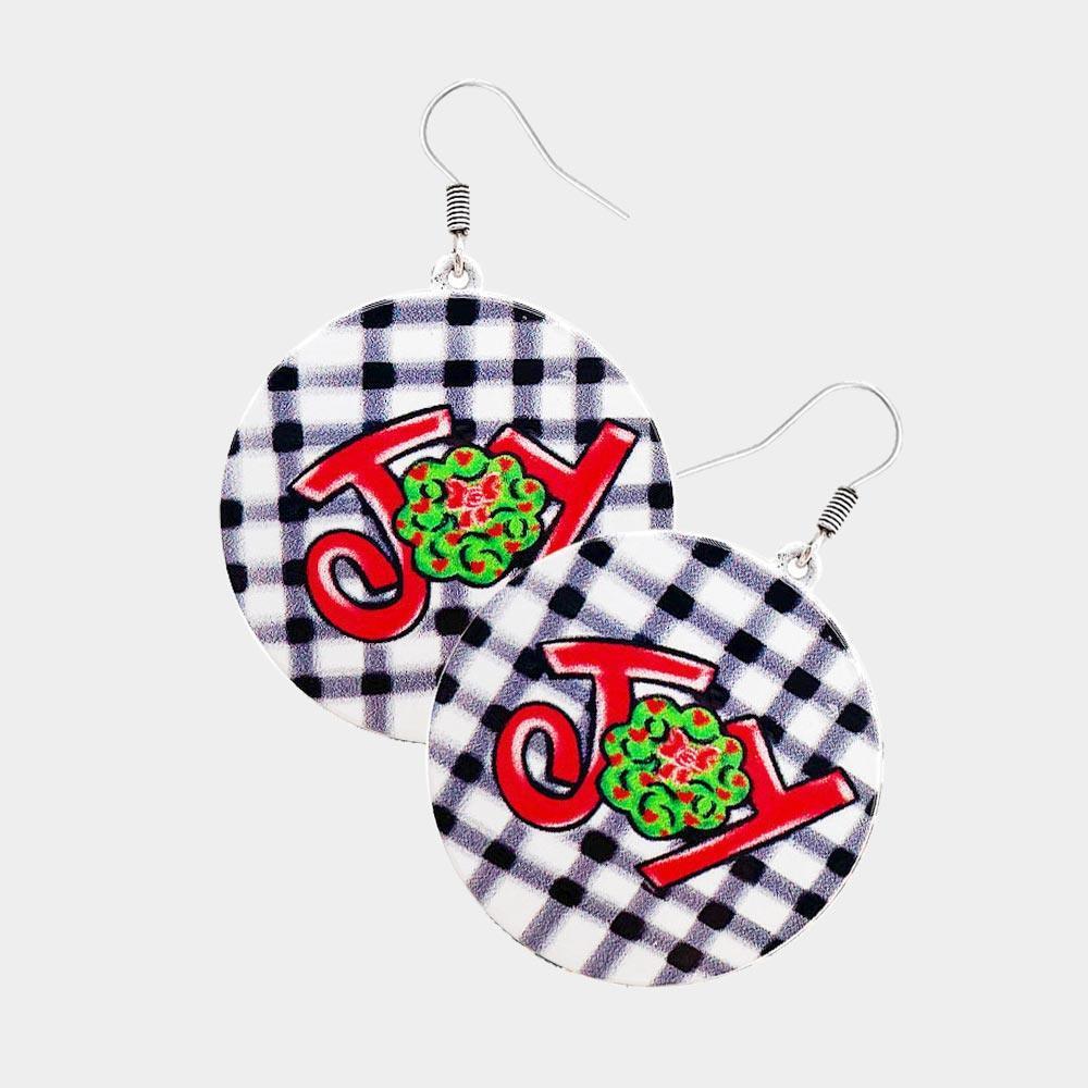 Black Joy Message Printed Metal Round Dangle Earrings - Jewelry Store by Erik Rayo