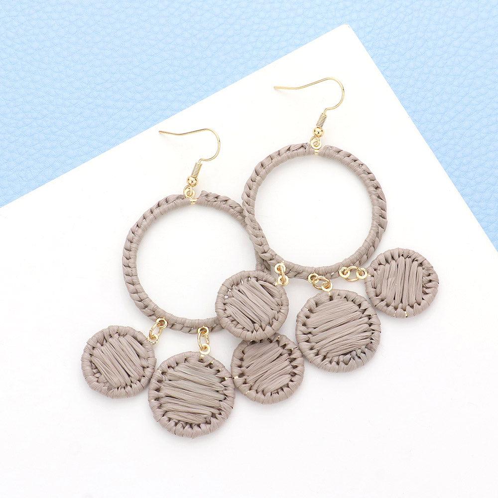 Woven Raffia Open Circle Triple Round Link Dangle Earrings