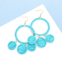 Load image into Gallery viewer, Turquoise Woven Raffia Open Circle Triple Round Link Dangle Earrings
