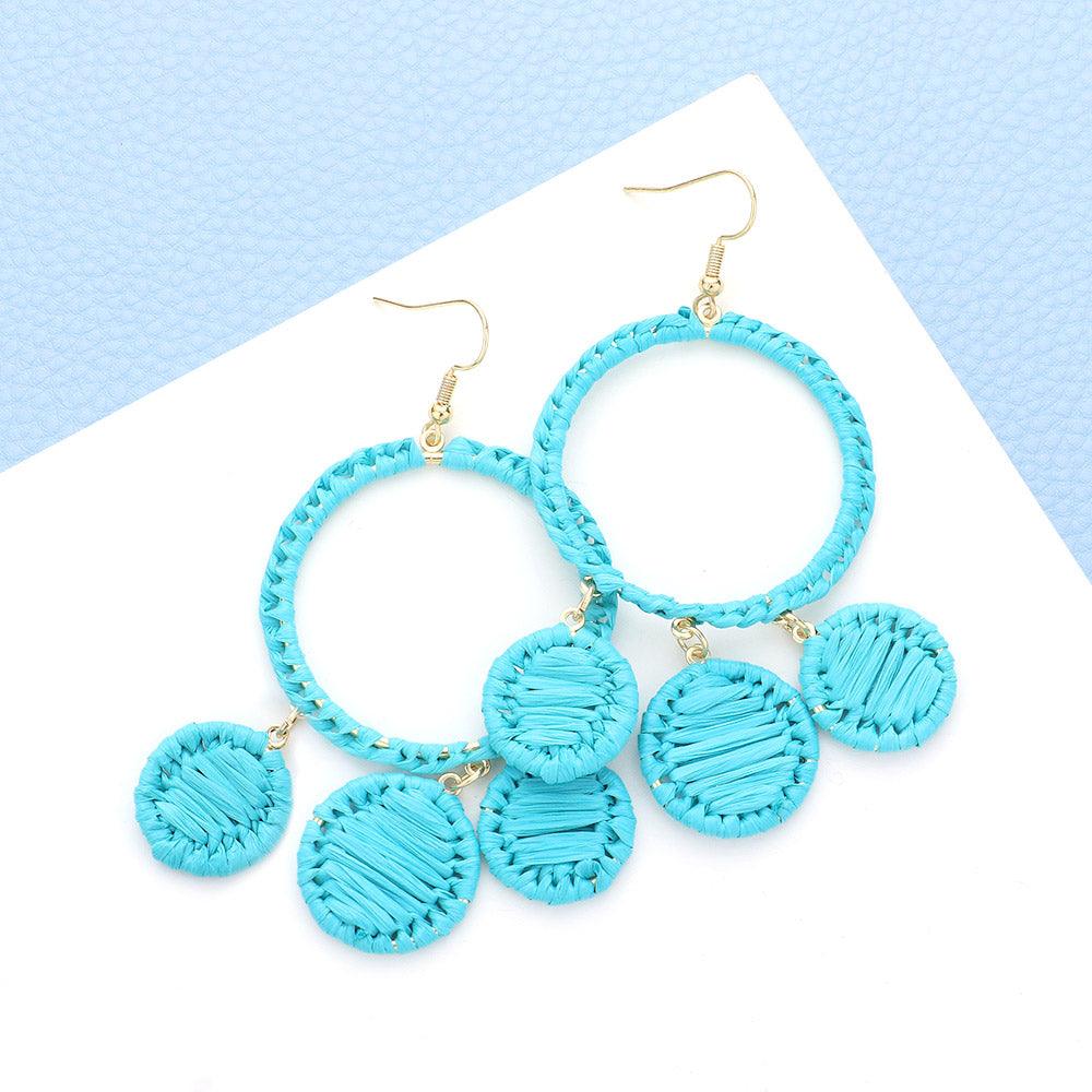 Turquoise Woven Raffia Open Circle Triple Round Link Dangle Earrings