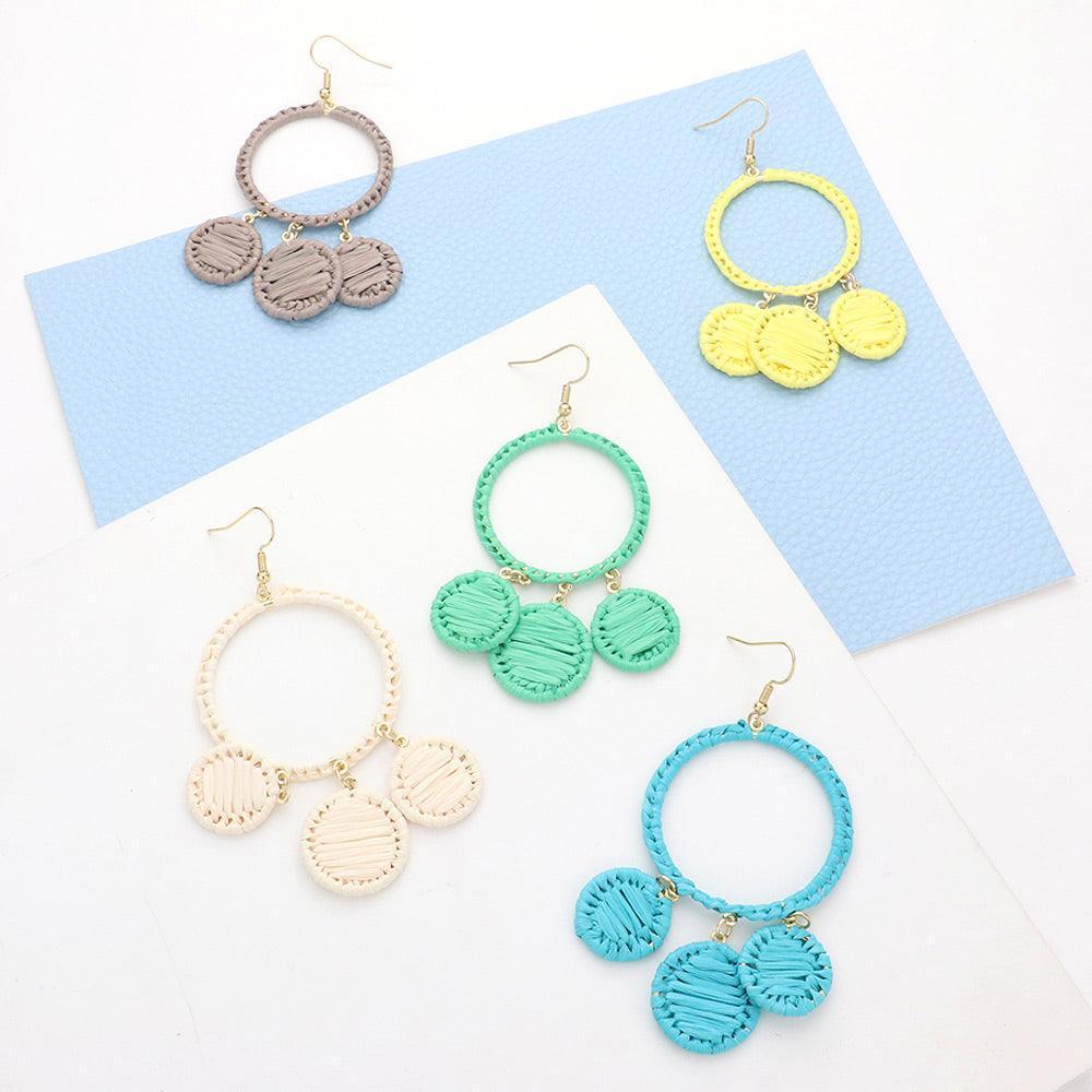 Yellow Woven Raffia Open Circle Triple Round Link Dangle Earrings - Jewelry Store by Erik Rayo
