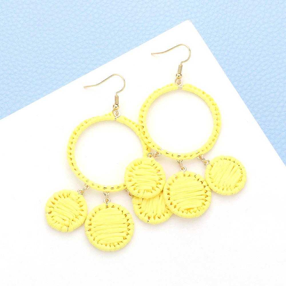 Yellow Woven Raffia Open Circle Triple Round Link Dangle Earrings