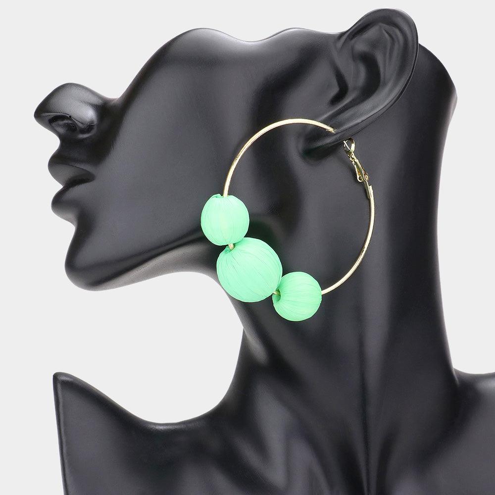 Mint Raffia Wrapped Triple Ball Hoop Earrings