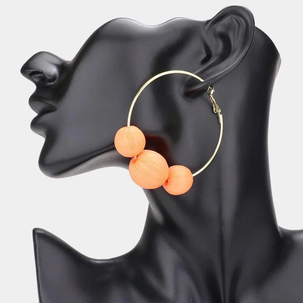 Orange Raffia Wrapped Triple Ball Hoop Earrings - Jewelry Store by Erik Rayo