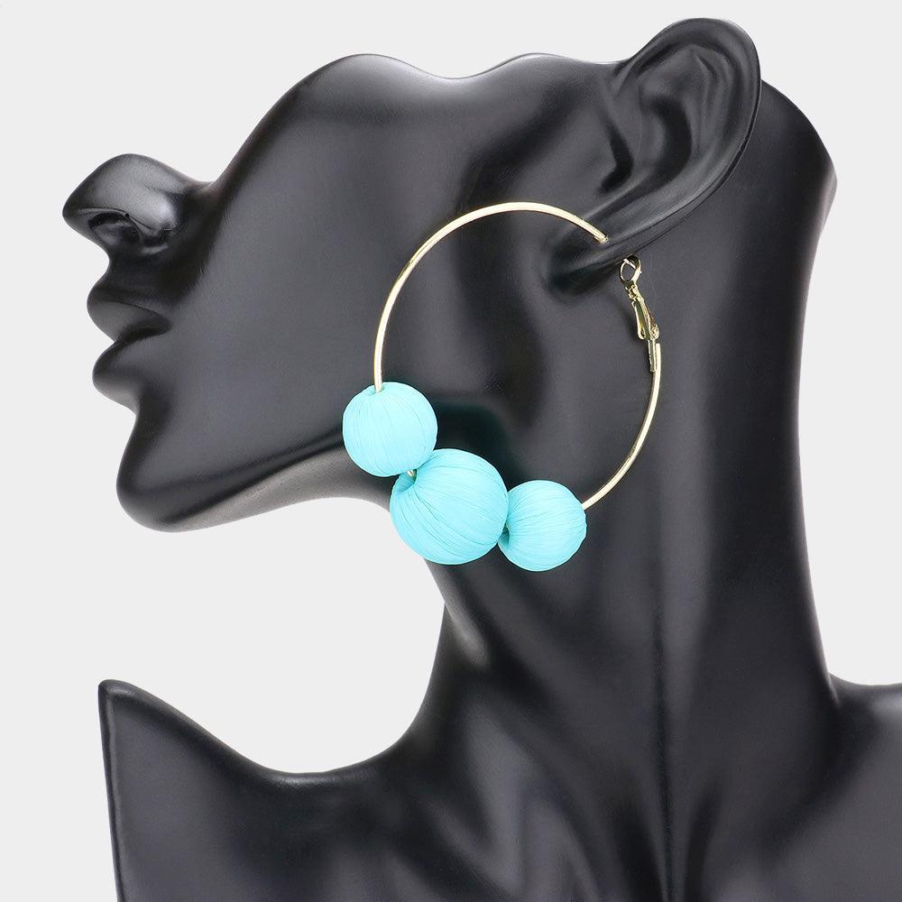 Turquoise Raffia Wrapped Triple Ball Hoop Earrings