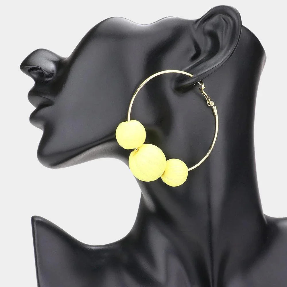 Yellow Raffia Wrapped Triple Ball Hoop Earrings - Jewelry Store by Erik Rayo