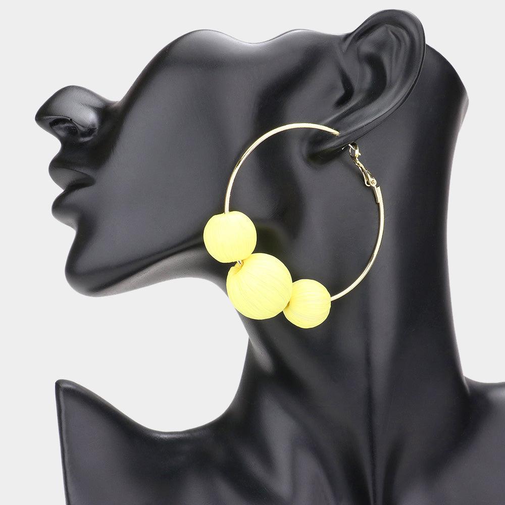 Yellow Raffia Wrapped Triple Ball Hoop Earrings