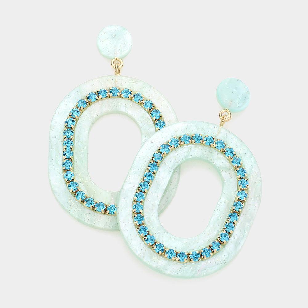 Blue Rhinestone Embellished Celluloid Acetate Open Oval Dangle Earrings - Jewelry Store by Erik Rayo