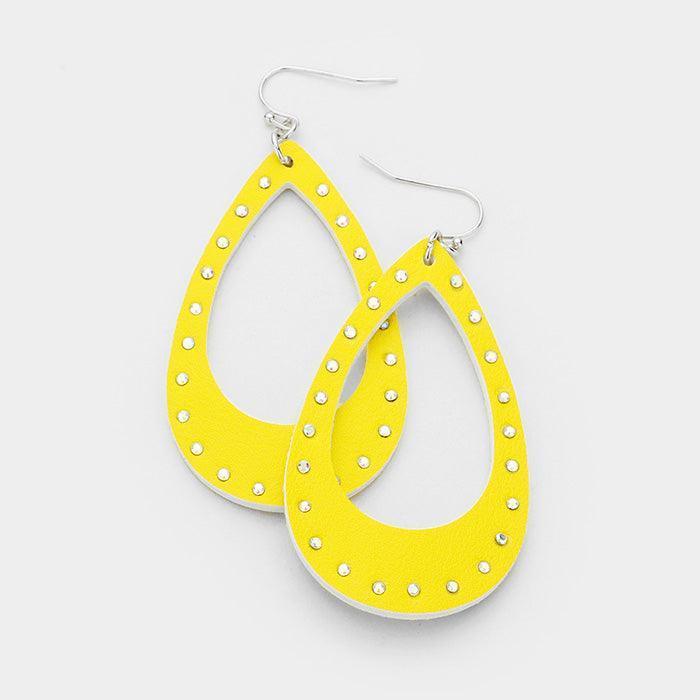 Yellow Crystal Embellished Cut Out Leather Teardrop Earrings - Jewelry Store by Erik Rayo