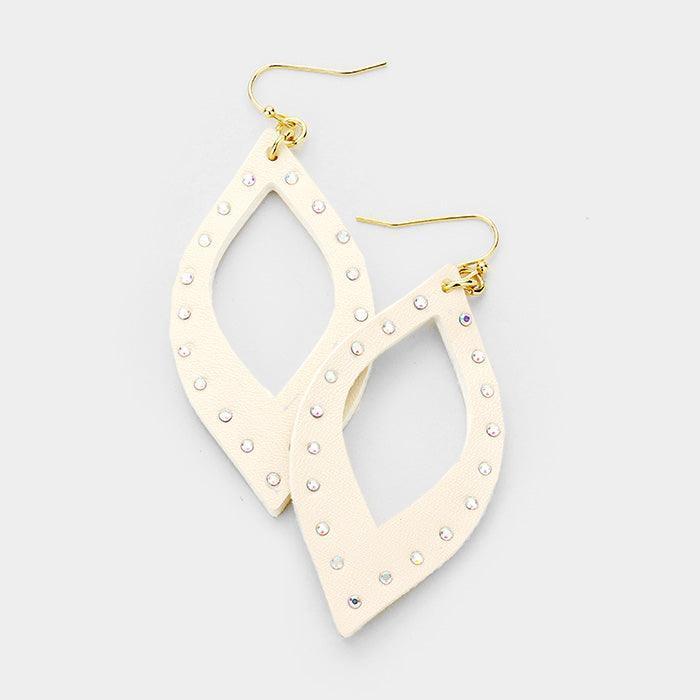 Gold Crystal Embellished Cut Out Leather Leaf Earrings - Jewelry Store by Erik Rayo