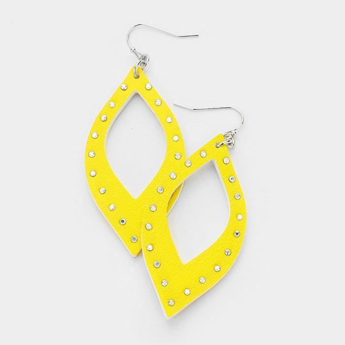 Yellow Crystal Embellished Cut Out Leather Leaf Earrings - Jewelry Store by Erik Rayo
