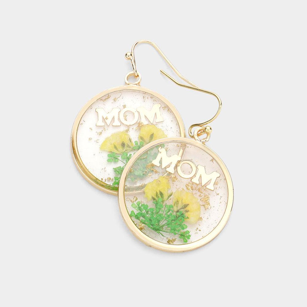 Yellow MOM Pressed Flower Clear Lucite Round Dangle Earrings