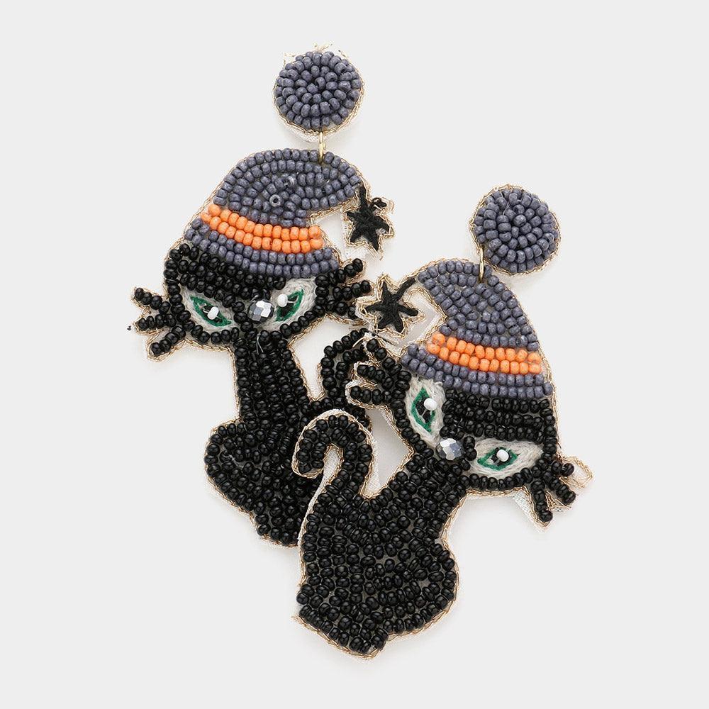 Black Felt Back Seed Beaded Witch Hat Cat Dangle Earrings - Jewelry Store by Erik Rayo