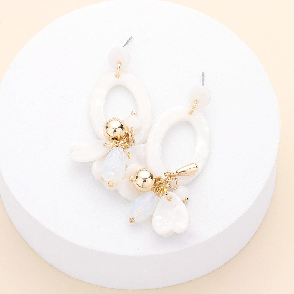 White Celluloid Acetate Open Oval Petal Link Dangle Earrings