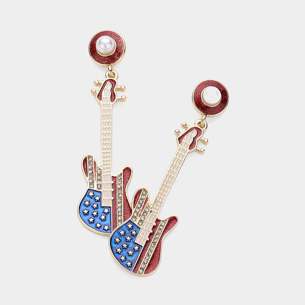 Enamel Glitter American USA Flag Themed Pearl Pointed Guitar Dangle Earrings - Jewelry Store by Erik Rayo