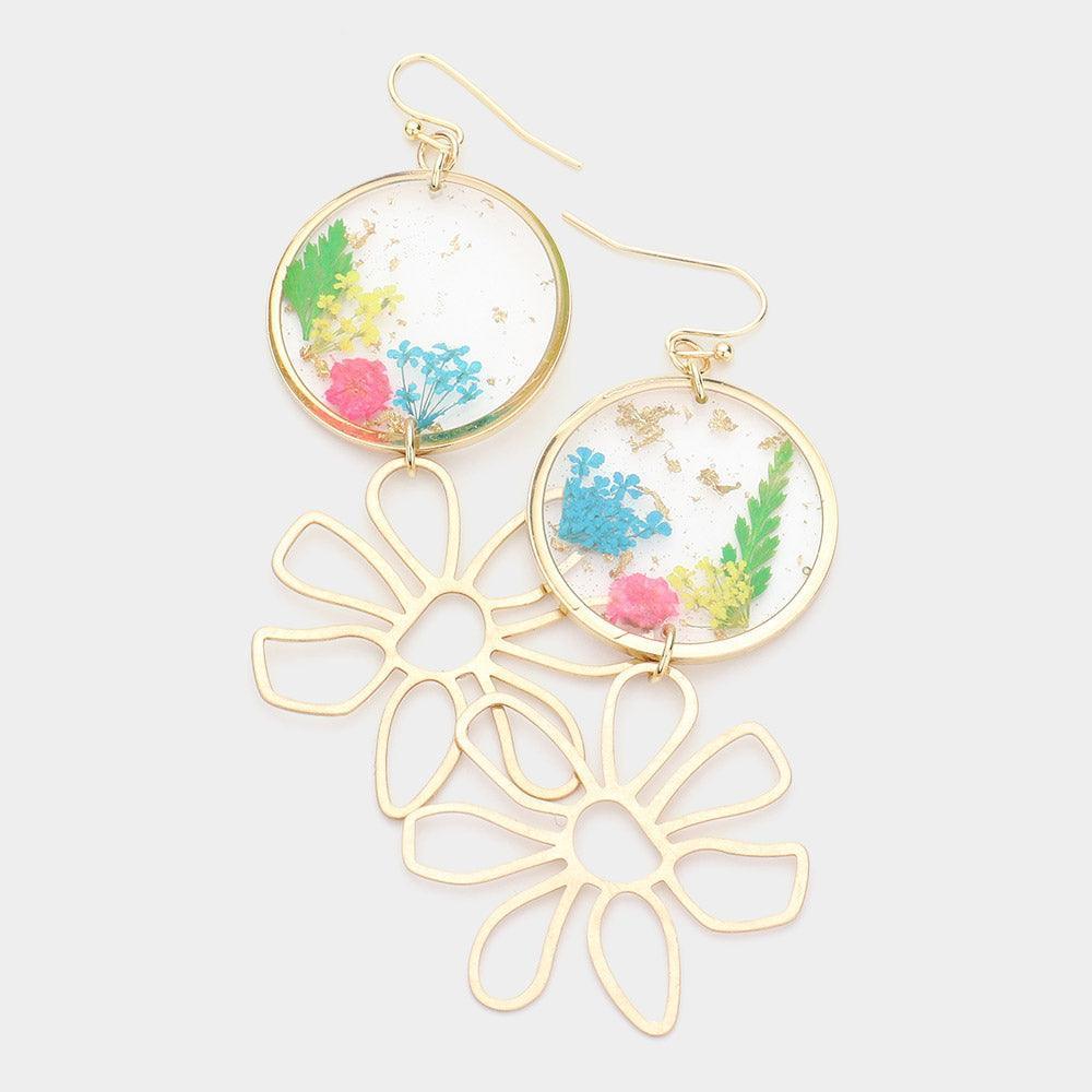 Pressed Flower Clear Lucite Floral Metal Link Earrings - Jewelry Store by Erik Rayo