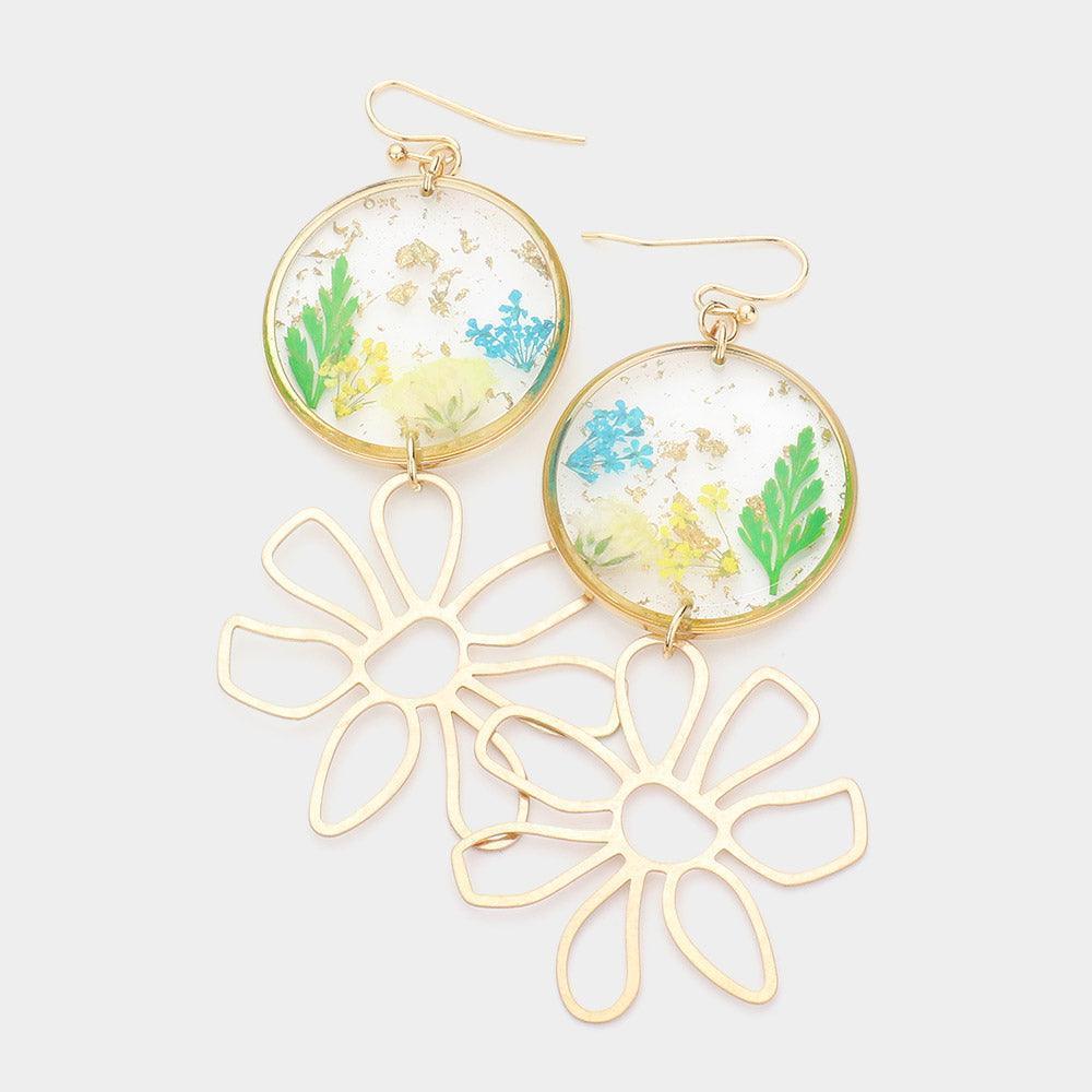 Pressed Flower Clear Lucite Floral Metal Link Earrings - Jewelry Store by Erik Rayo