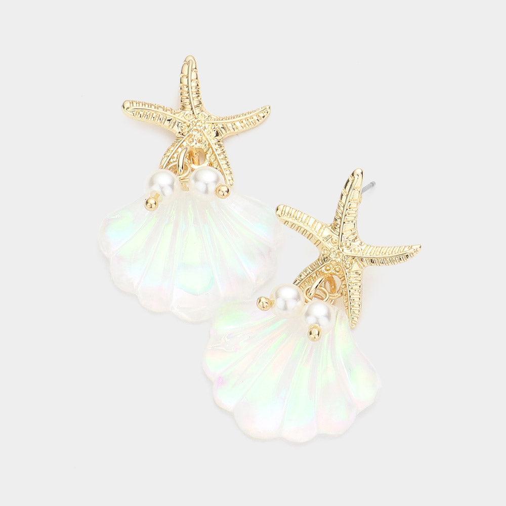 Gold Metal Starfish Pearl Shell Link Dangle Earrings - Jewelry Store by Erik Rayo