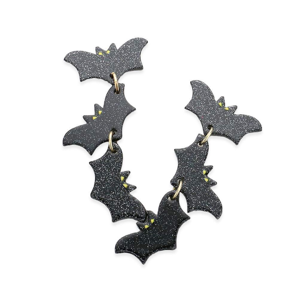Black Glittered Resin Triple Bat Link Dangle Earrings - Jewelry Store by Erik Rayo