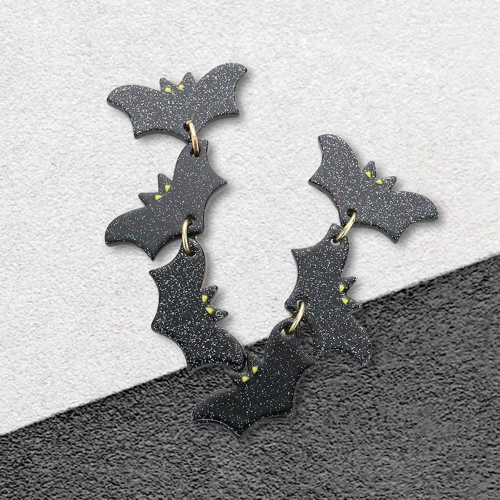 Black Glittered Resin Triple Bat Link Dangle Earrings - Jewelry Store by Erik Rayo