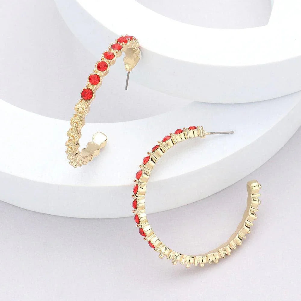 Red Stone Embellished Half Hoop Earrings - Jewelry Store by Erik Rayo