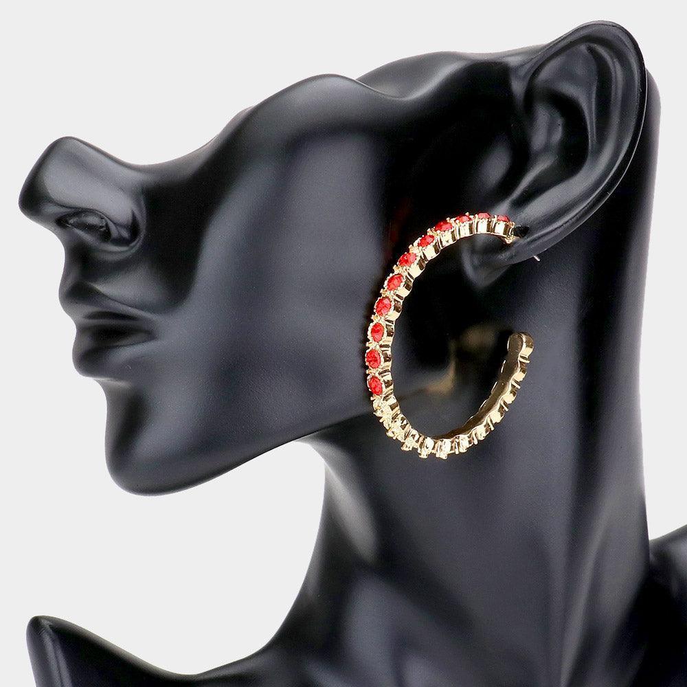 Red Stone Embellished Half Hoop Earrings - Jewelry Store by Erik Rayo