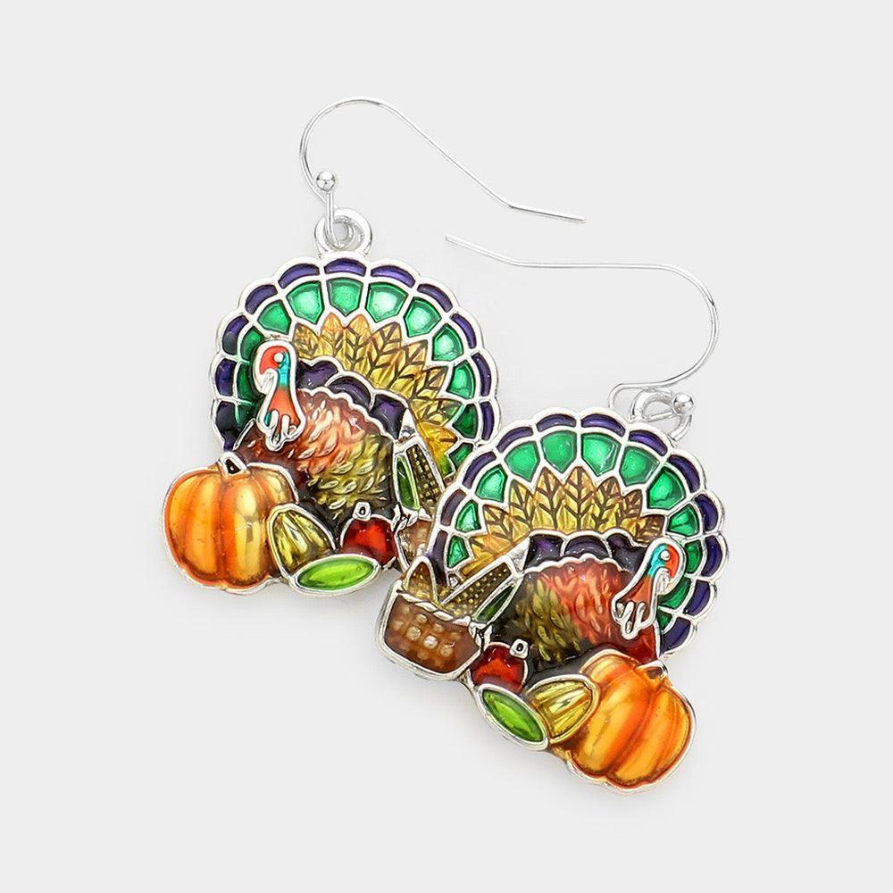 Enamel Turkey Accented Pumpkin Fruits Basket Dangle Earrings - Jewelry Store by Erik Rayo