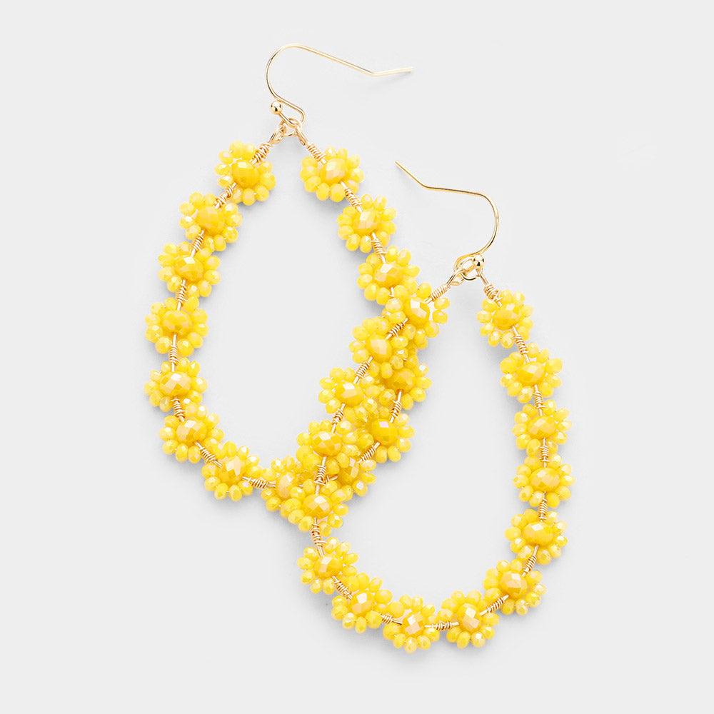 Yellow Faceted Bead Cluster Floral Teardrop Earrings