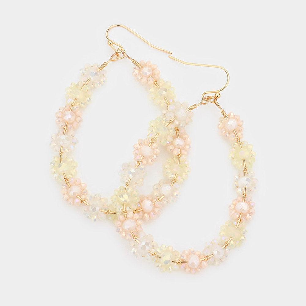 White Faceted Bead Cluster Floral Teardrop Earrings