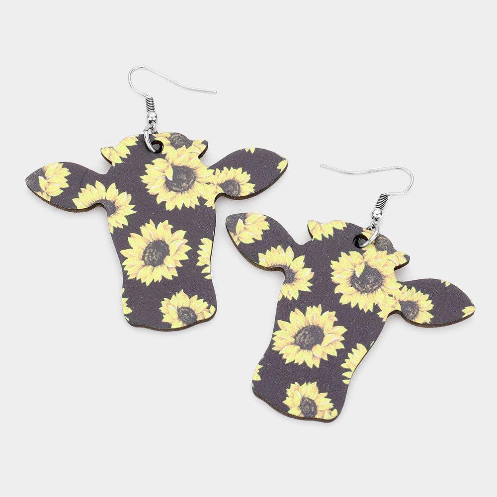 Sunflower Accented Wood Cattle Dangle Earrings - Jewelry Store by Erik Rayo