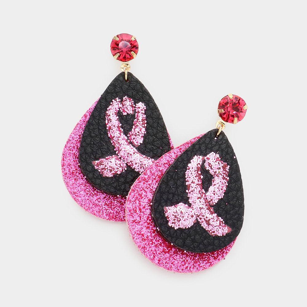 Black Round Stone Bling Pink Ribbon Accented Teardrop Dangle Earrings - Jewelry Store by Erik Rayo