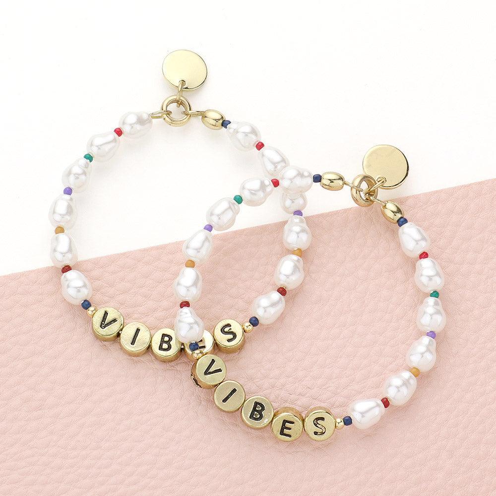 Gold Vibes Message Pearl Beaded Dangle Earrings - Jewelry Store by Erik Rayo