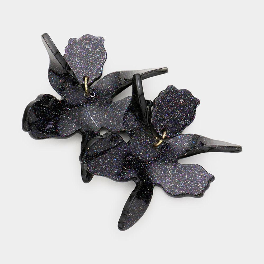 Black Floral Glittered Resin Dangle Earrings - Jewelry Store by Erik Rayo